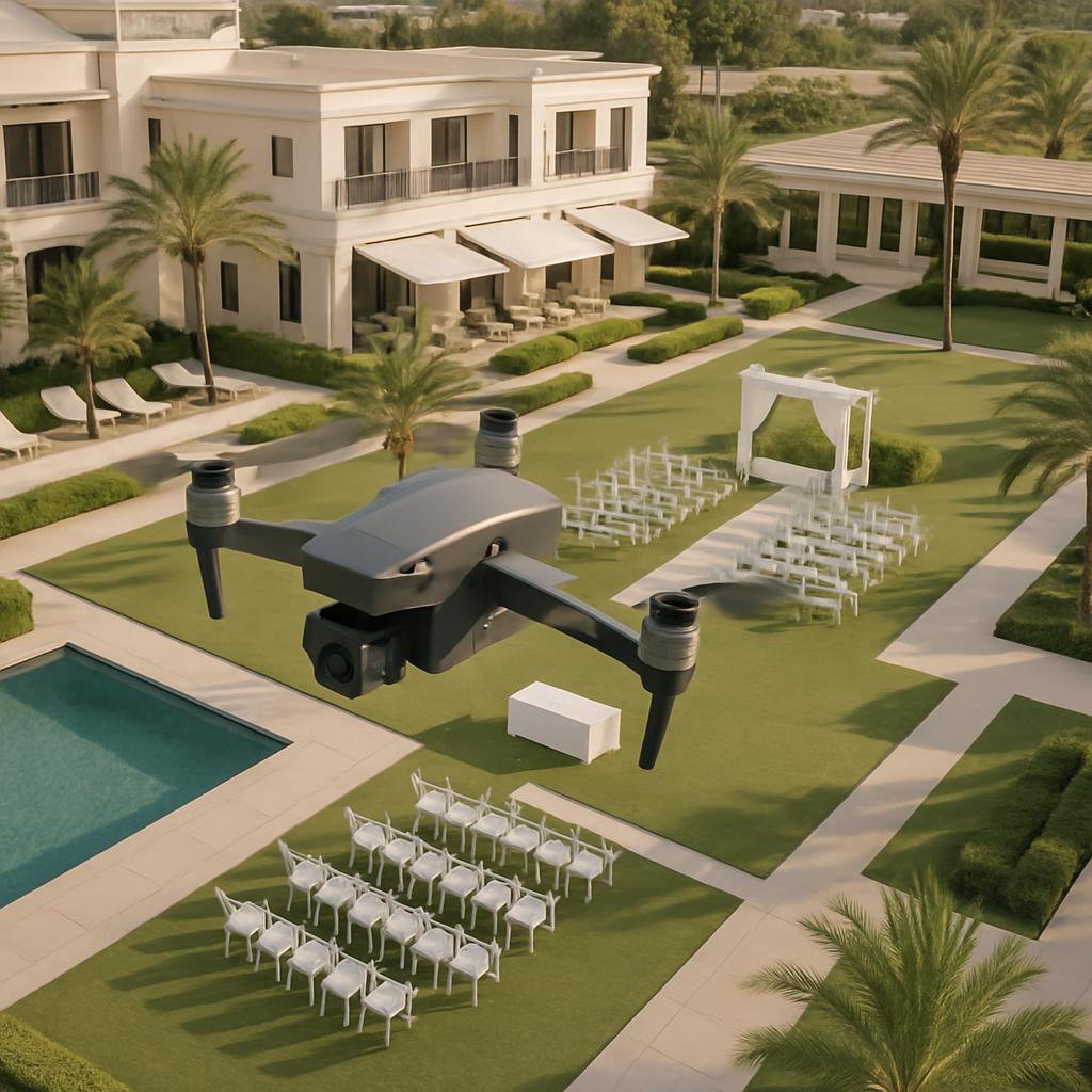 The background, features a large white house with a pool surrounded by palm trees and white outdoor furniture in a tropica...