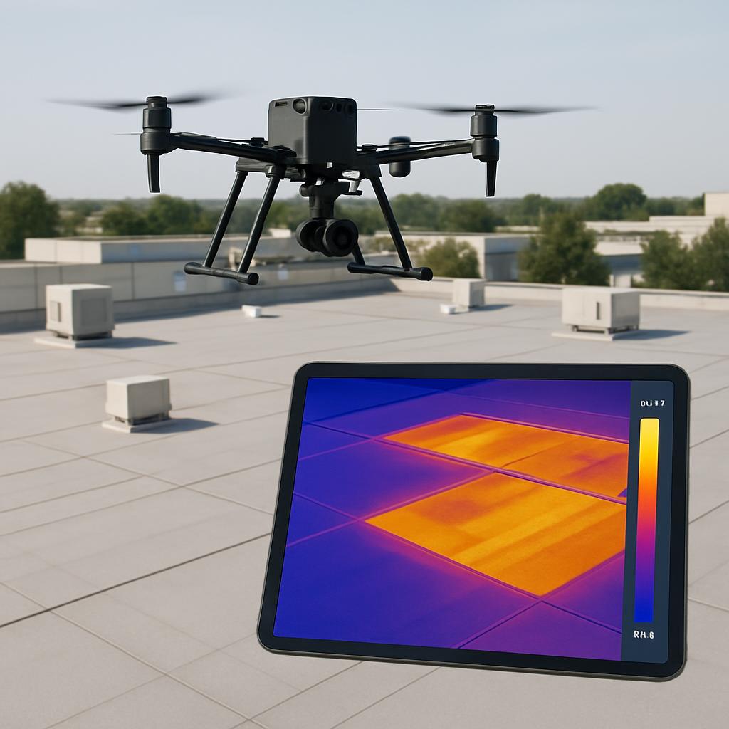 The tablet displays a digital image of what appears to be a roof that is being inspected by a drone.
