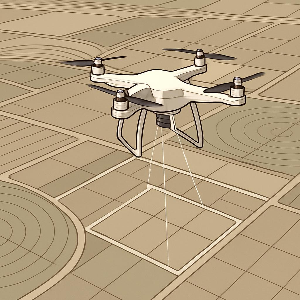 A white drone flies over a tile-covered area.